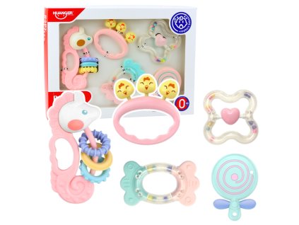 Sada Kousátek a Chrastítek Sensorických Pro Kojence Růžové 5ks