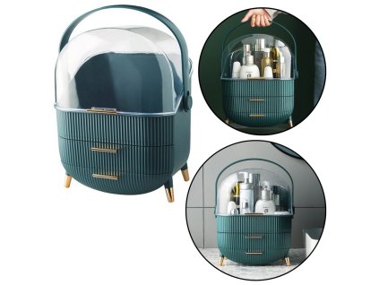 Transparentní organizér na kosmetiku se dvěma zásuvkami a otevíracími dveřmi - zelený