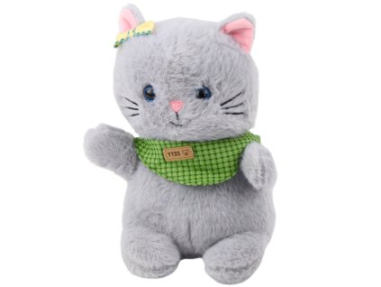 Šedá Plyšová Hračka Kočička se Zeleným Šátkem a Mašličkou 22cm