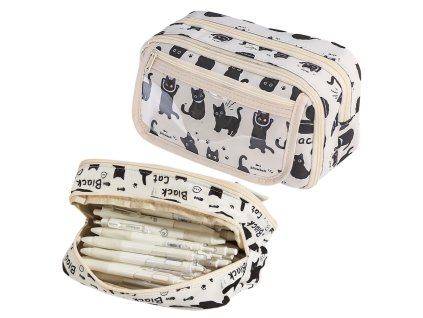 Školní Penál s Černými Kočkami Bílý 21cm