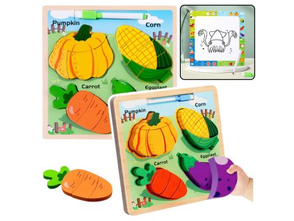 Dřevěná vzdělávací skládačka 2v1 Zelenina Tabule s fixem