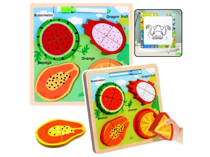 Dřevěná Vzdělávací Skládačka 2v1 Tabule Ovoce Popisovač