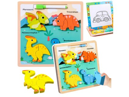 Dřevěná vzdělávací skládanka s dvojitou funkcí dinosauři + fixka