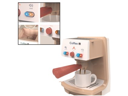 Hravý kávovar s šálkem, portafiltrem, světly a zvuky