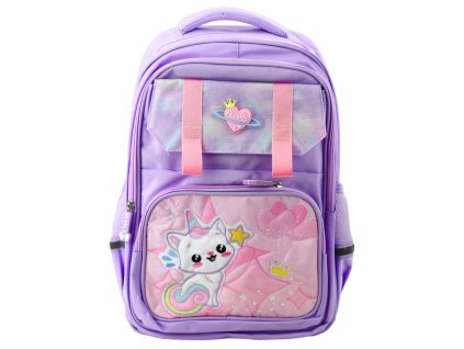 Školní Batoh s Bílou Kočkou Hrudní Pás Fialový 20L