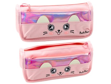 Růžový školní penál s kočkou, dvě kapsy, 21,5cm