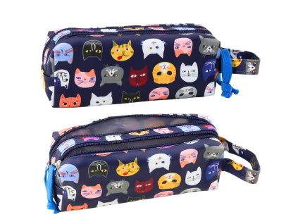 Školní Penál Barevné Kočky Dvě Kapsy Tmavomodrý 22cm