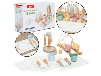 Dřevěná Dětská Sada Nádobí Stolní Služba Stojan 33 ks