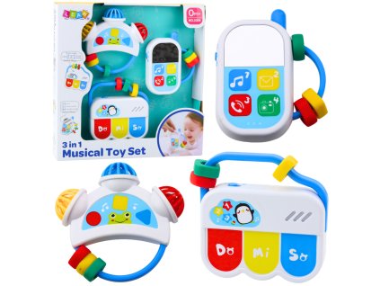 Sada Hudebních Hraček pro Děti Telefon Tamburína Klávesy Zvuky 3v1