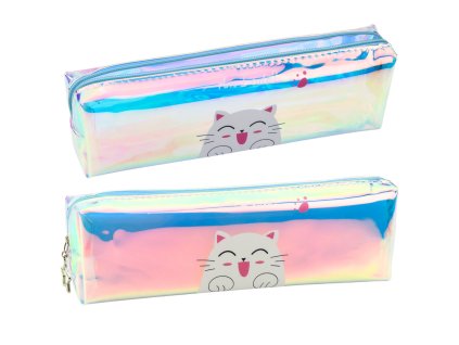 Dětský školní penál holografický s kočkou modrý 21x6 cm