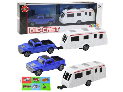 Sada Kovový Auto s Modrým Kempingovým Přívěsem