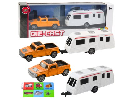 Sada Kovové Auto S Kempingovým Přívěsem Oranžový