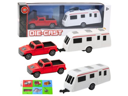 Sada Kovový Auto s Karavanem Přívěs Červený