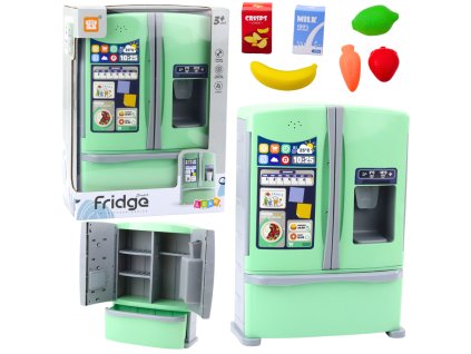 Zelená Dvoudveřová Lednice s Výrobníkem Ledu a Zvučnými Potravinovými Doplňky