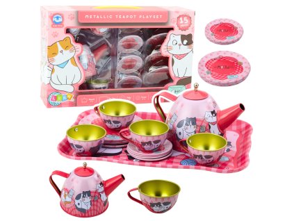 Sada Na Čaj Kávu Pro Děti Kovová Kočky Růžová 15ks