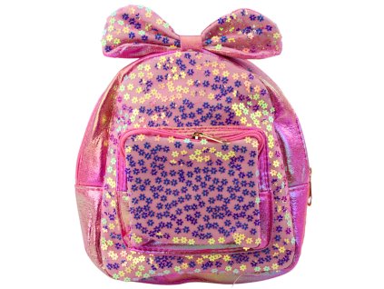 Dětský Batoh s Třpytivými Flitry Květiny Mašlí Růžový 22cm 2,8L