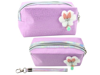 Fialový lesklý penál kosmetická taštička s mašlí a třpytivými částicemi