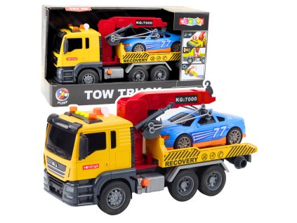 Odtahový vůz s jeřábem, závodním autem, světly a zvuky