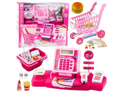 Růžová herní sada: Pokladna, Košík, Potraviny, Světla a Zvuky