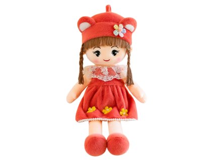 Měkká textilní panenka v červených šatech a čepici s oušky 45cm