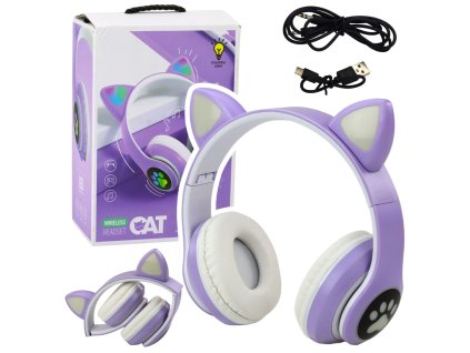 Dětská Bezdrátová Sluchátka na Uši Bluetooth s Kočičíma Ušima Fialová