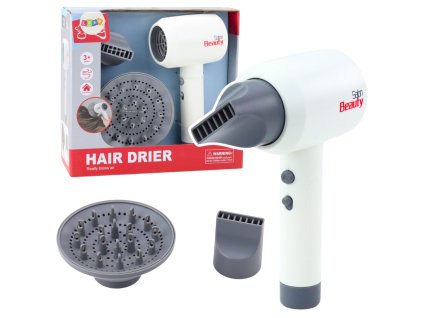 Dětský hračkový fén na vlasy, dvě koncovky, zvuk, bílý