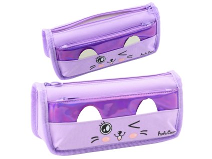 Školní Penál Dvě Kapsy Motiv Kočky Fialový 22cm