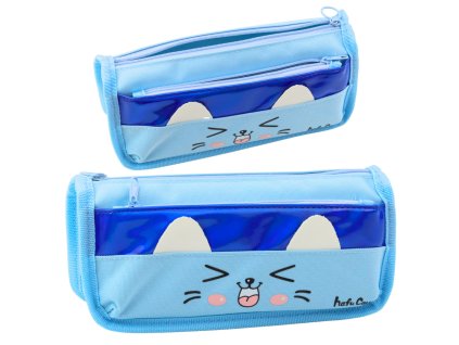 Školní penál Dvě Kapsy Kočičí Motiv Modrý 22cm