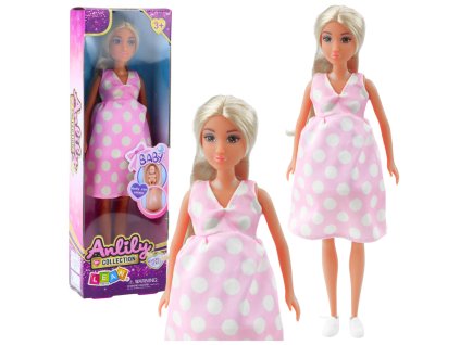 Těhotenská Panenka Anlily Světle Růžové Puntíky Šaty Dlouhé Vlasy