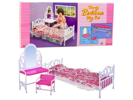 Sada Nábytku pro Panenky Postel Toaletní Stolek Židle Povlečení s Květinami