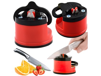 Ostřič nožů a nůžek s přísavkou a zajišťovací pákou Červená