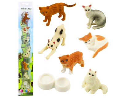 Sada Mini Figurky Ras Koček a Miska na Krmení 4-6cm 7ks