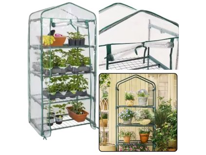 Mini Skleník Balkonový Zahradní 4 Kovové Police PVC Fólie 69 x 49 x 157cm