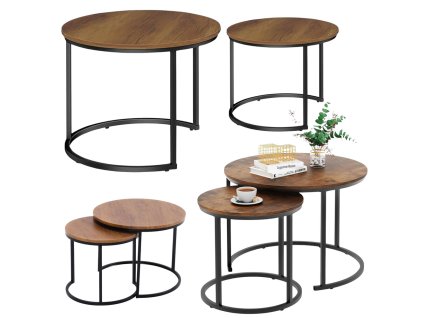 Sada Kulatých Konferenčních Stolků 2v1 Vintage Přírodní Dřevo 60x45cm 40x40cm