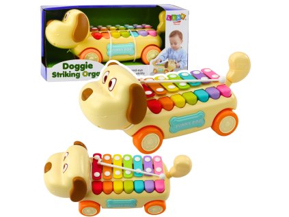 Jezdicí Pejsek Xylofon s Pohyblivými Ušima a Ocasem, Palička na Provázku