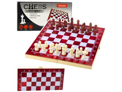 Skládací Dřevěná Hra 3v1 Šachy Backgammon Dáma 24x24cm