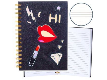 Zápisník Sešit Linkovaný Nášivky Rty Rtěnka Třpytivý Černý A5 80 Listů