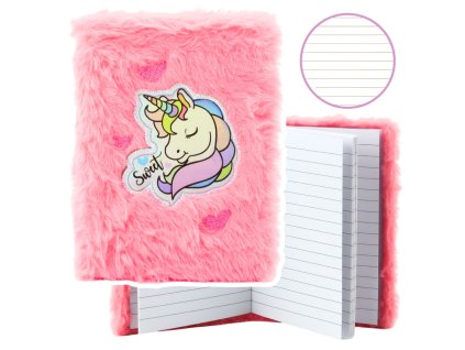 Huňatý Deník s Linkami Jednorožec Holografický Růžový A6 80 Listů