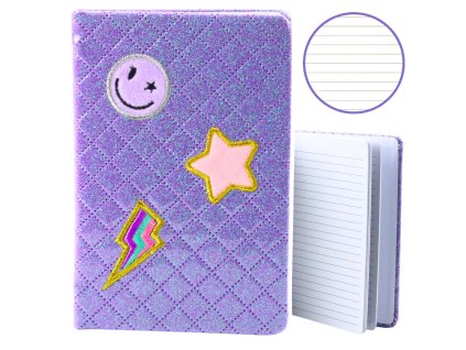 Fialový třpytivý zápisník s nášivkami B6, 80 listů