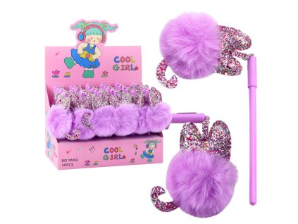Gelové Pero S Fialovým Pompomem Modrý Inkoust 17 cm 0,5 mm