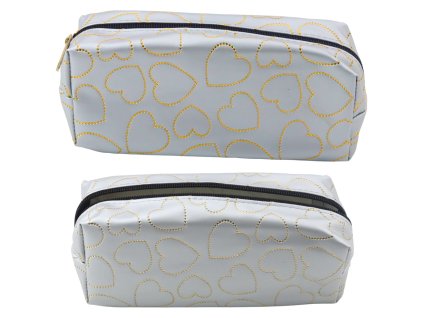 Jednokomorový stříbrný penál se zlatými srdíčky 20x8 cm