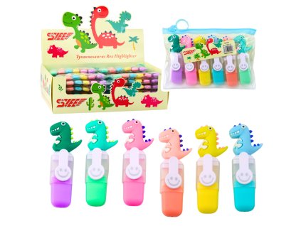 Sada Mini Zvýrazňovačů S Dinosauřím Motivem V Pouzdře Barevné 6ks 8cm