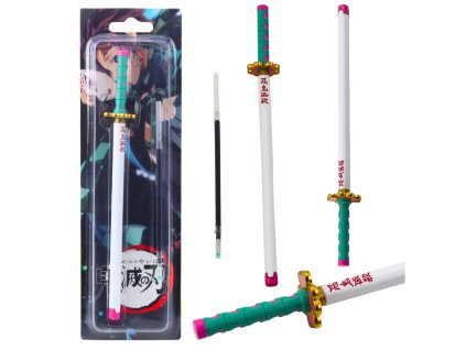Kovové pero Katana s výměnnou černou náplní, inspirované anime, tyrkysové