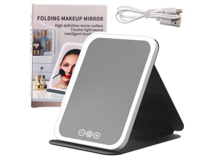 LED Zrcadlo Skládací Pouzdro Se Stojánkem 3 Barvy Osvětlení Nastavitelný Jas 23 cm