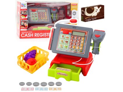 Dětská pokladna s příslušenstvím, košík, ovoce, světla, zvuky, červená