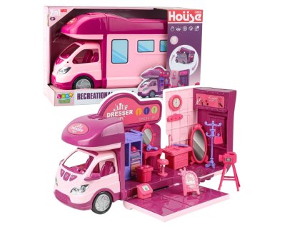 Rozkládací Kempingový vůz pro Panenky Šatník Doplňky Růžový 42 ks
