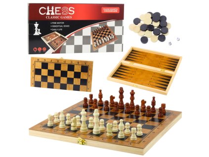 Klasické Dřevěné Stolní Hry 3v1: Šachy, Dáma, Backgammon