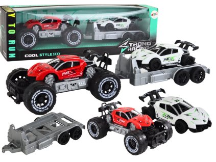 Červené Off-road Auto s Přívěsem a Sportovním Modelem - Dětská Sada