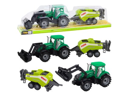 Sada Traktor s Nakladačem a Zemědělským Lisem Zelený