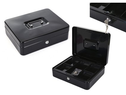 Kovová dvouúrovňová pokladnička na peníze s přepážkami, 2 klíčky, černá